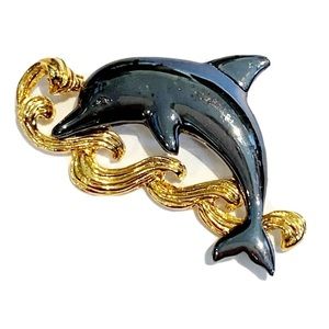 Dolphin Brooch Waves Shiny Black Chrome Onyx Grey Gold Coloured Pin Waves Ocean